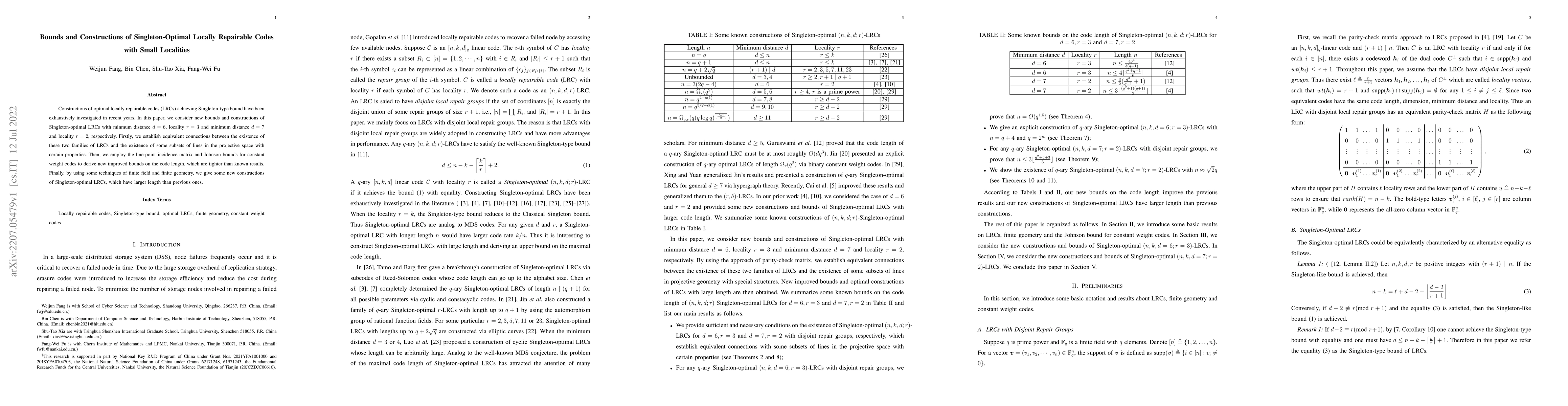 Thumbnail for Bounds and Constructions of Singleton-Optimal Locally Repairable Codes
  with Small Localities