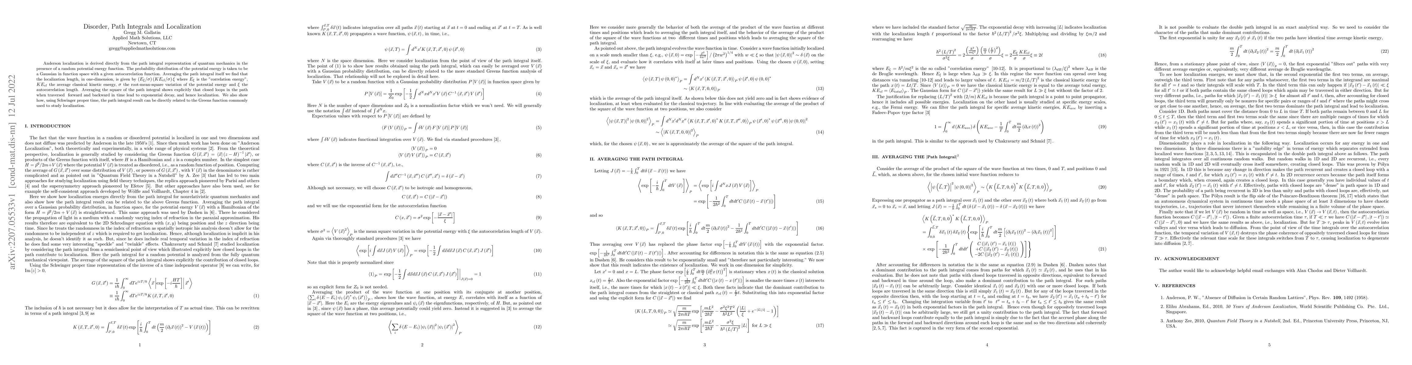 Thumbnail for Disorder, Path Integrals and Localization