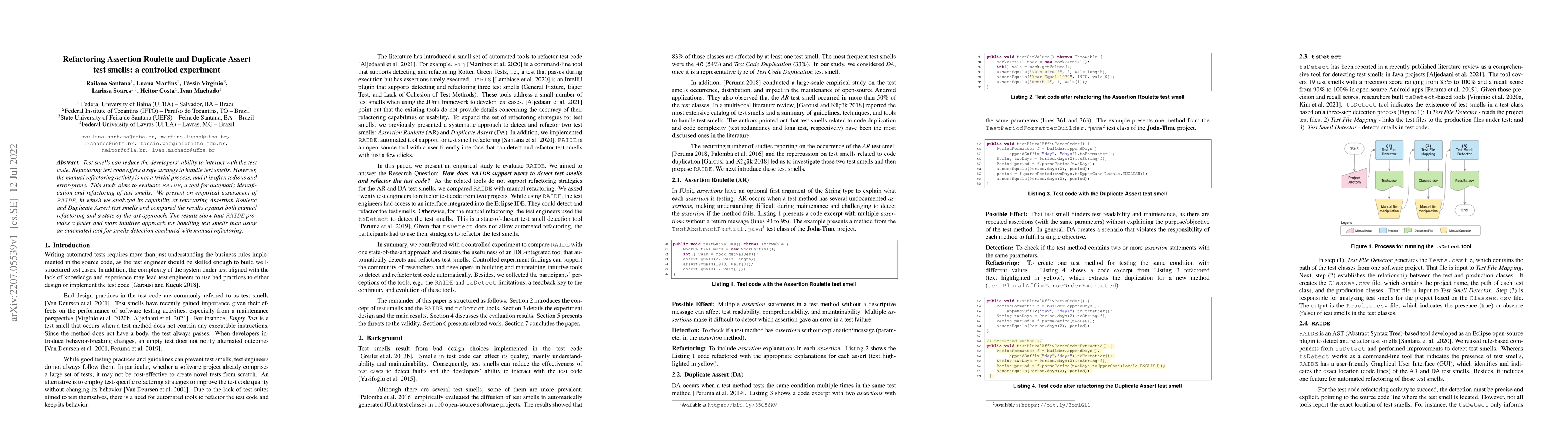 Thumbnail for Refactoring Assertion Roulette and Duplicate Assert test smells: a
  controlled experiment