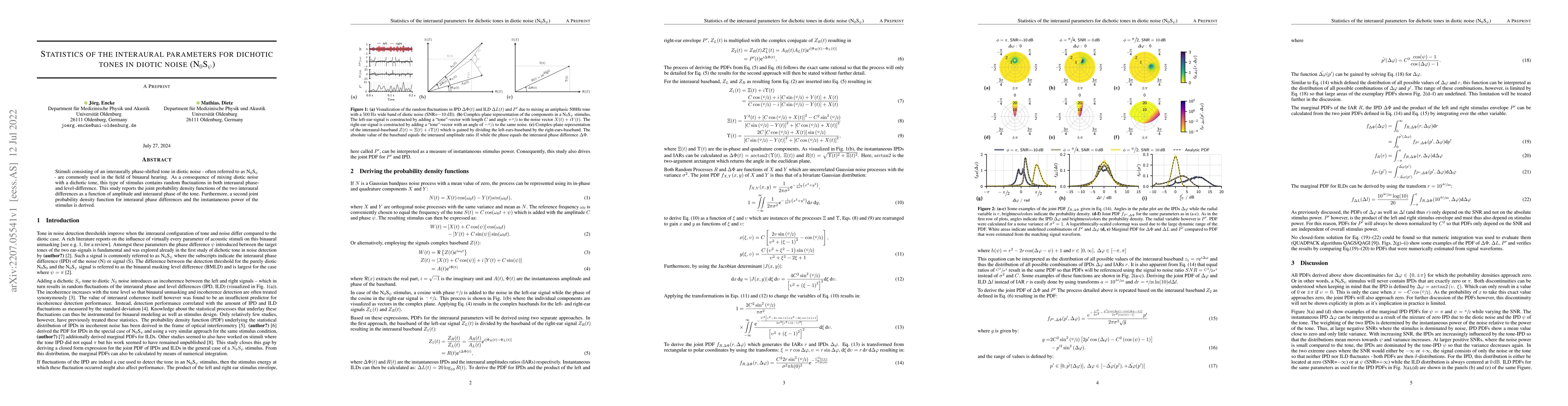 Thumbnail for Statistics of the interaural parameters for dichotic tones in diotic
  noise ($N_0 S_\psi$)