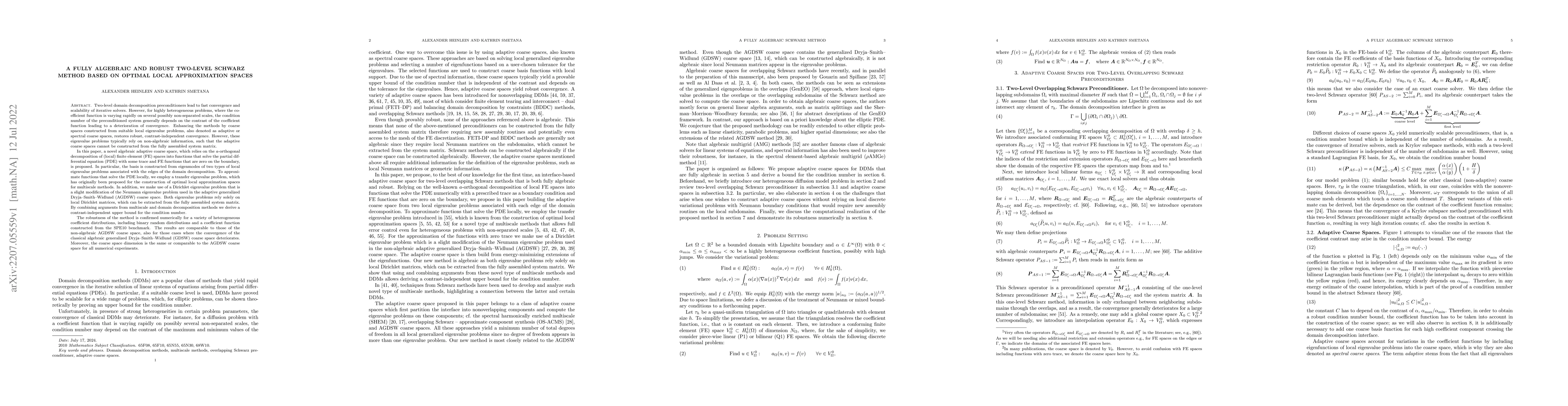 Thumbnail for A fully algebraic and robust two-level Schwarz method based on optimal
  local approximation spaces