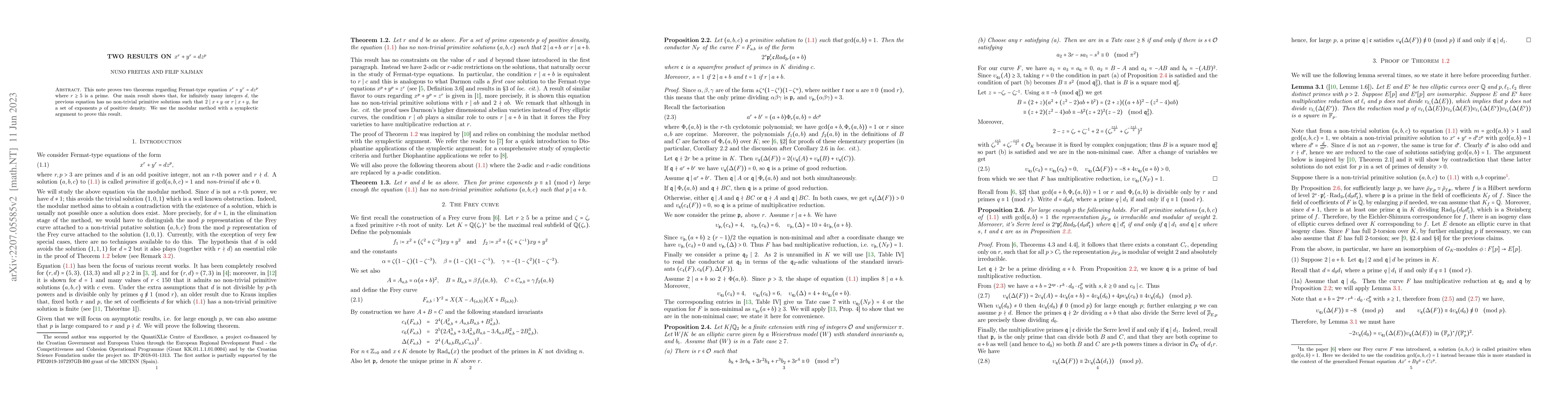Thumbnail for Two results on $x^r + y^r = dz^p$