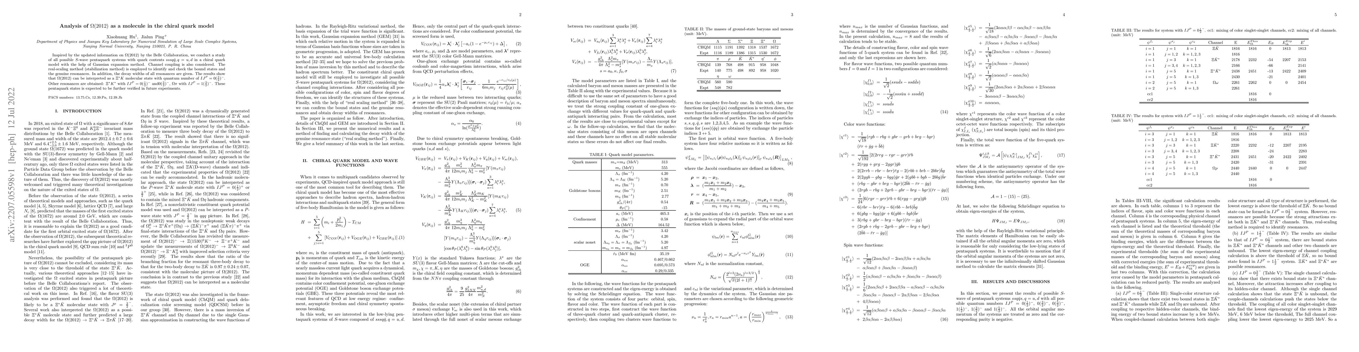 Thumbnail for Analysis of $\Omega(2012)$ as a molecule in the chiral quark model