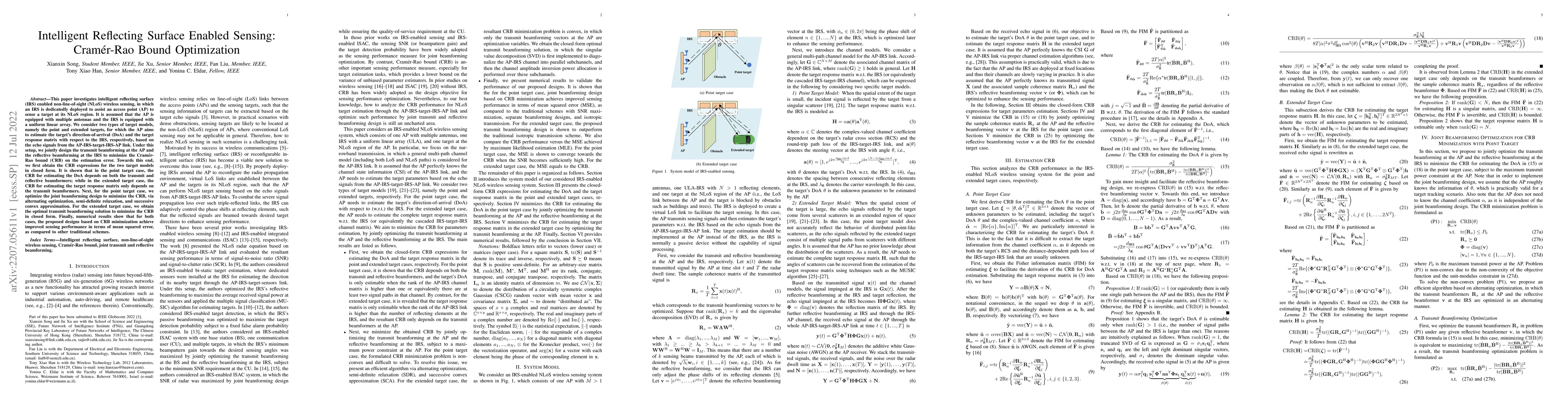 Thumbnail for Intelligent Reflecting Surface Enabled Sensing: Cram\'er-Rao Bound
  Optimization