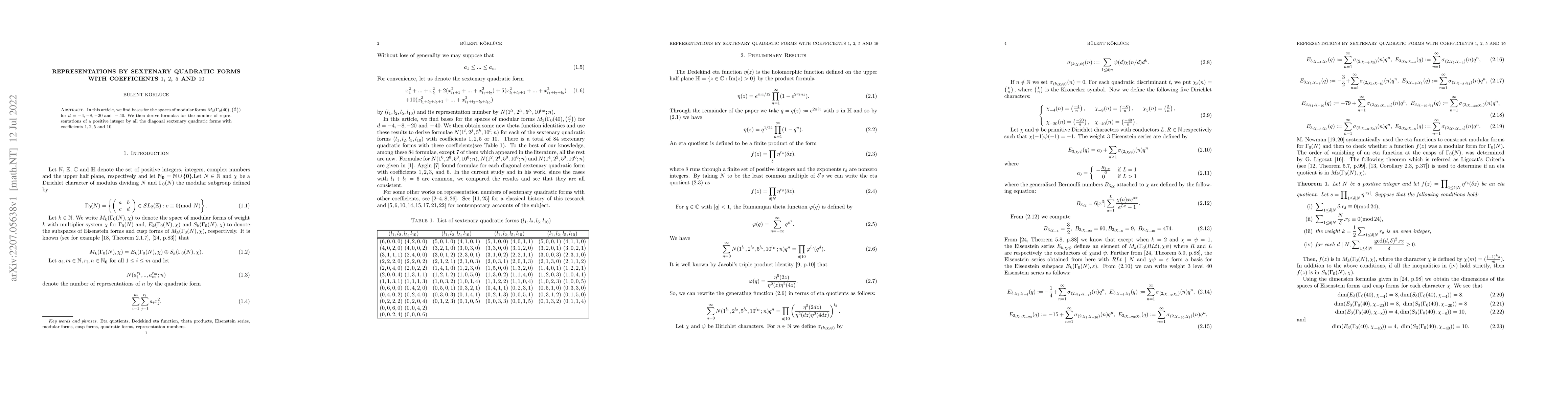 Thumbnail for Representations by sexternary quadratic forms with coefficients 1,2,5
  and 10