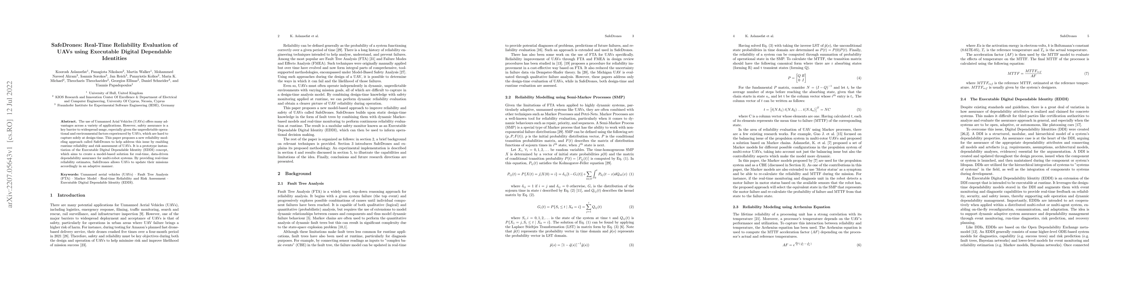 Thumbnail for SafeDrones: Real-Time Reliability Evaluation of UAVs using Executable
  Digital Dependable Identities