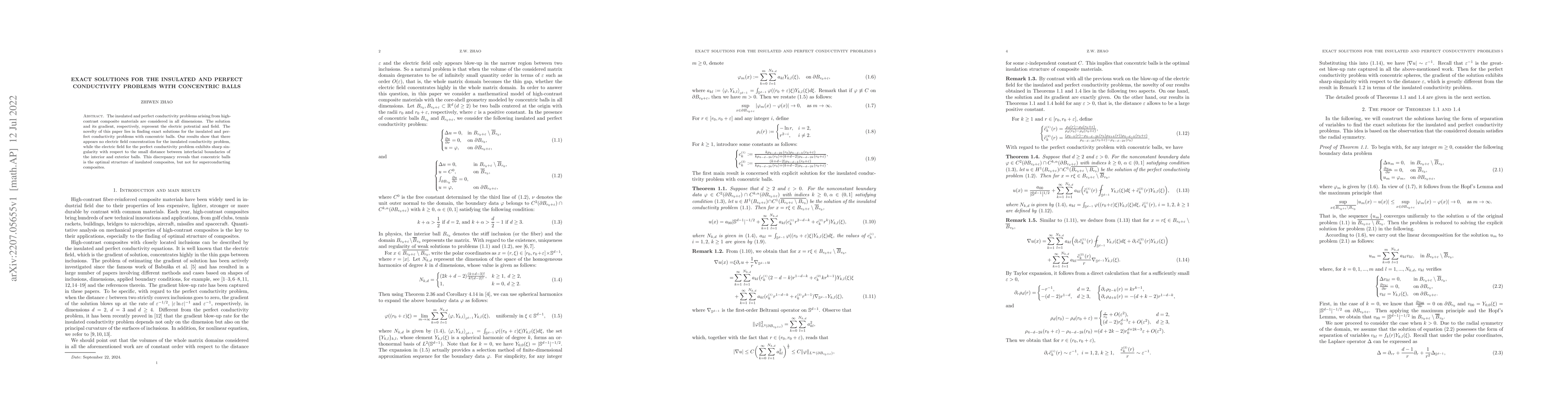 Thumbnail for Exact solutions for the insulated and perfect conductivity problems with
  concentric balls