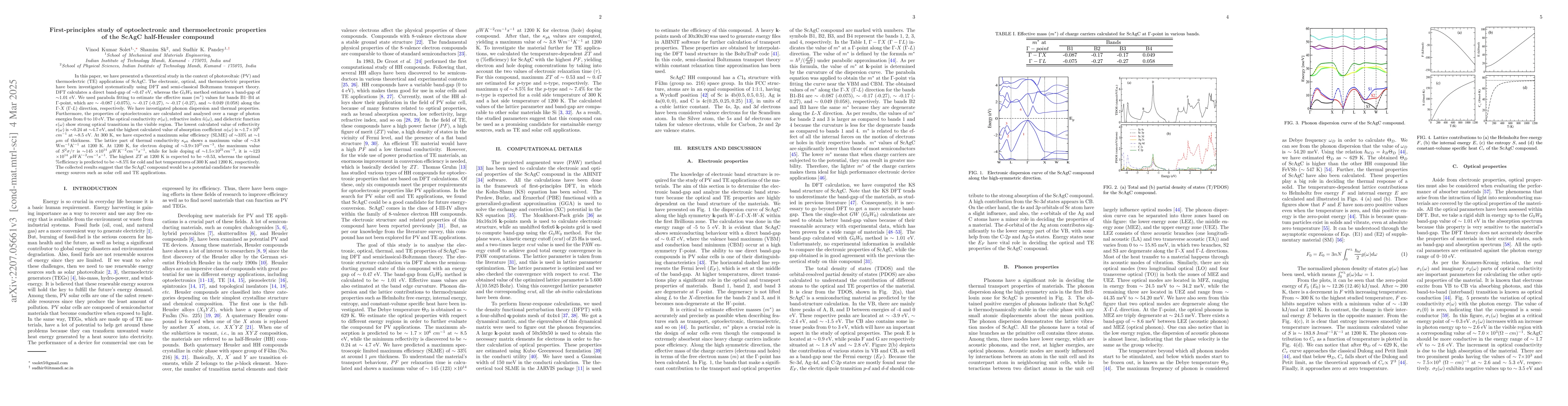 Thumbnail for First-principles study of optoelectronic and thermoelectronic properties
  of the ScAgC half-Heusler compound