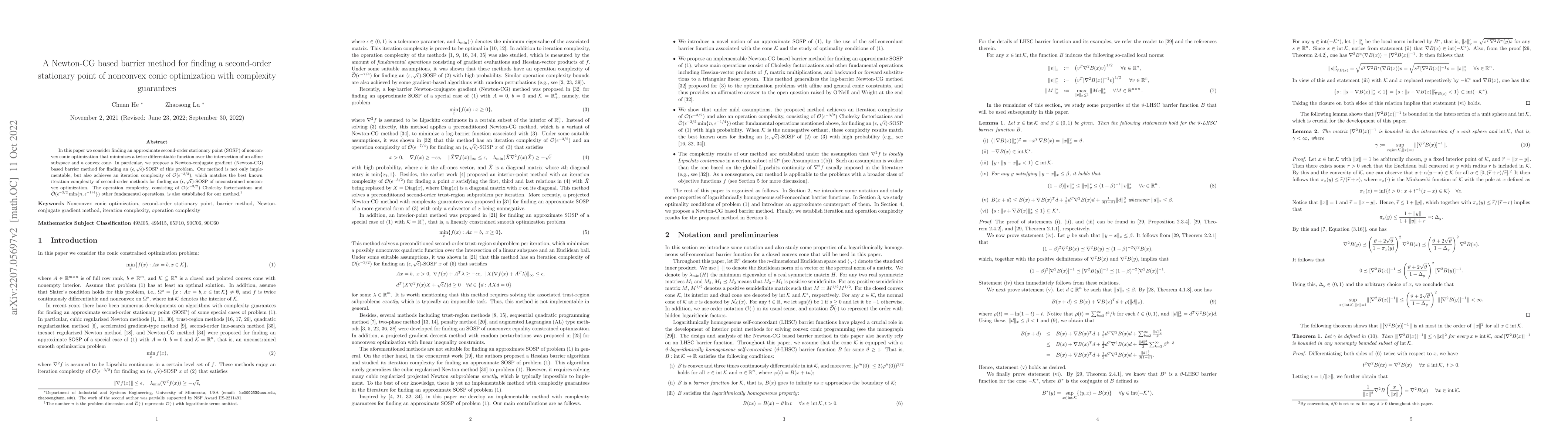 Thumbnail for A Newton-CG based barrier method for finding a second-order stationary
  point of nonconvex conic optimization with complexity guarantees