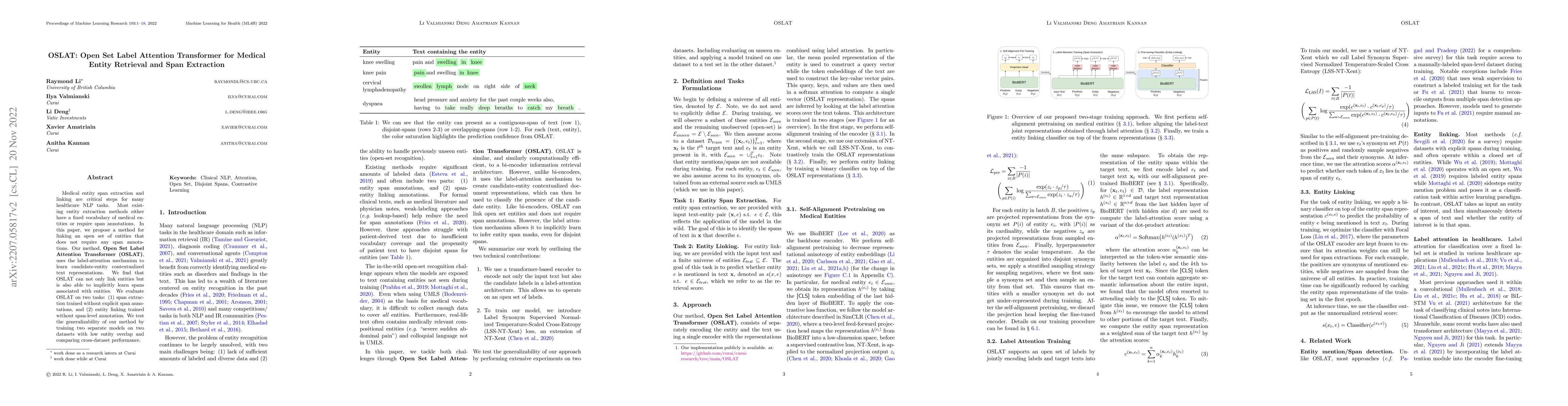 Thumbnail for OSLAT: Open Set Label Attention Transformer for Medical Entity Retrieval
  and Span Extraction