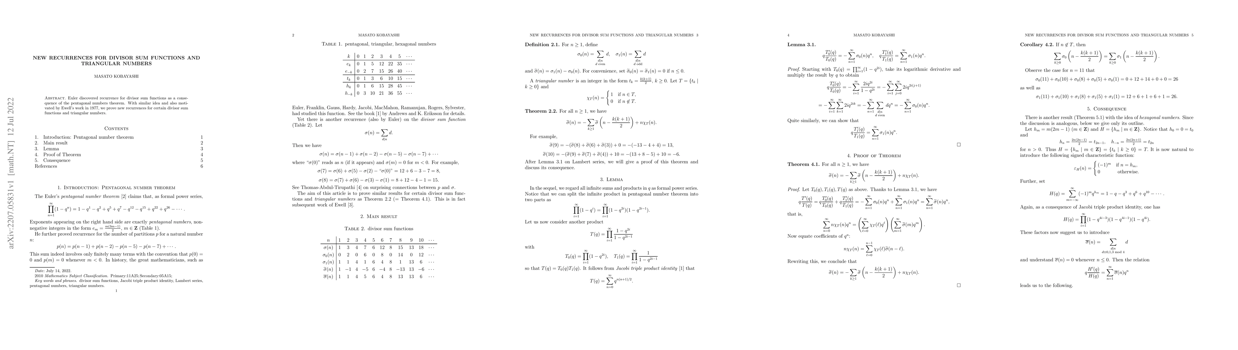 Thumbnail for New recurrences for divisor sum functions and triangular numbers