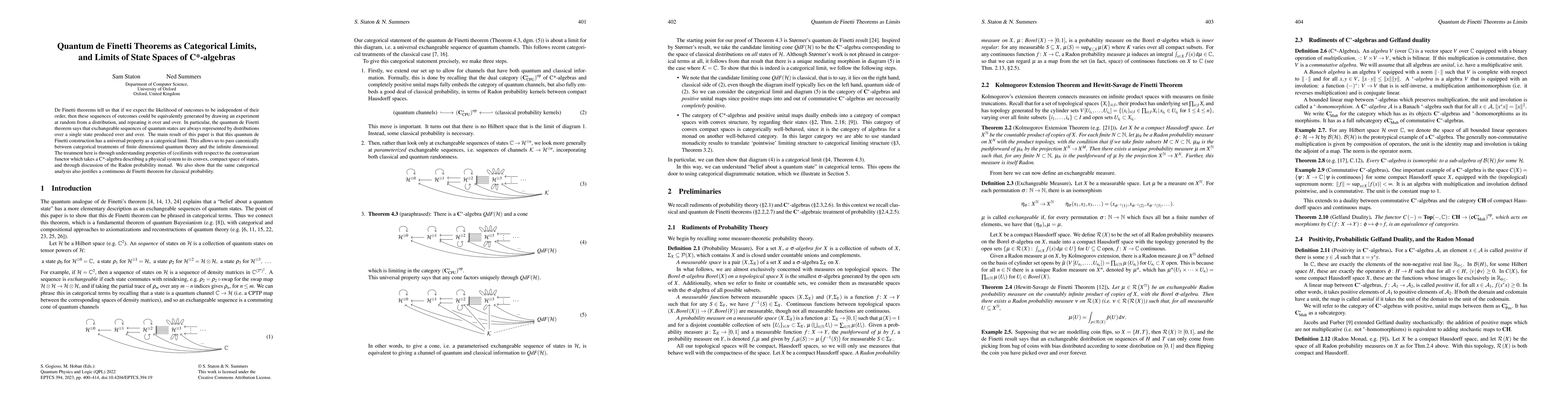 Thumbnail for Quantum de Finetti Theorems as Categorical Limits, and Limits of State
  Spaces of C*-algebras