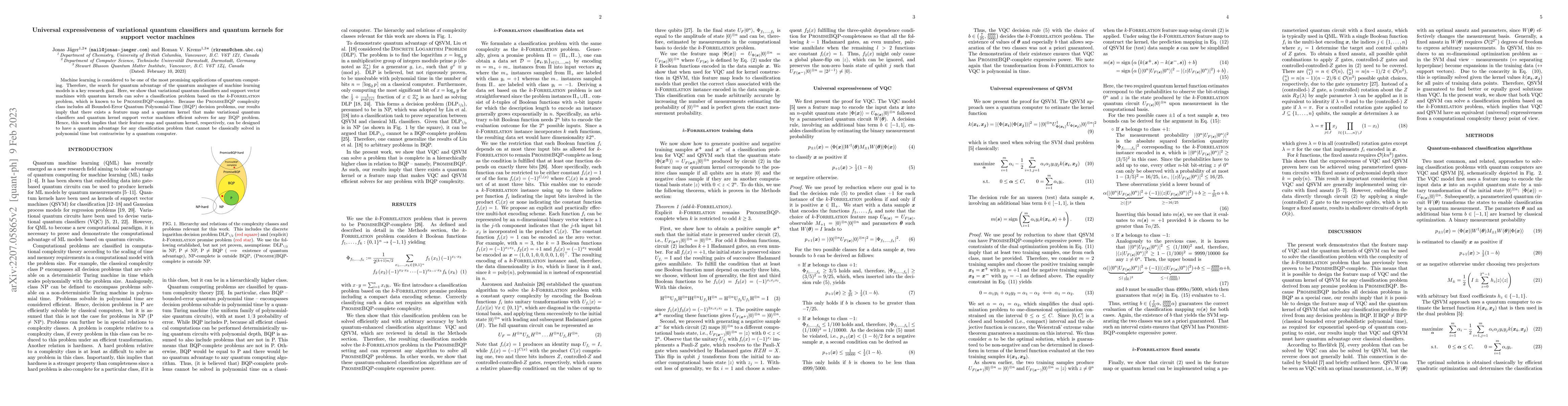 Thumbnail for Universal expressiveness of variational quantum classifiers and quantum
  kernels for support vector machines