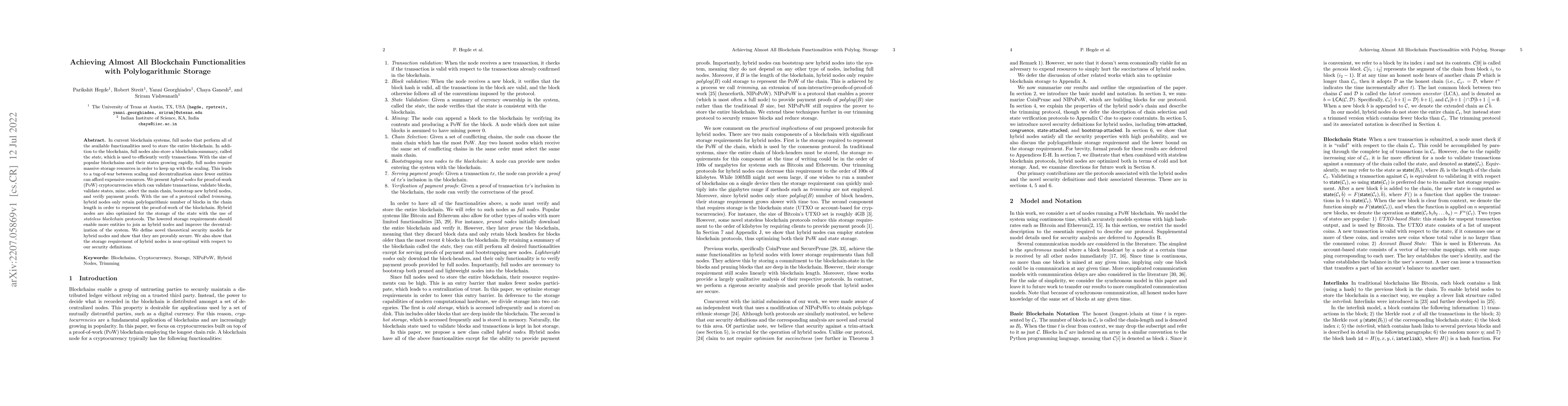 Thumbnail for Achieving Almost All Blockchain Functionalities with Polylogarithmic
  Storage