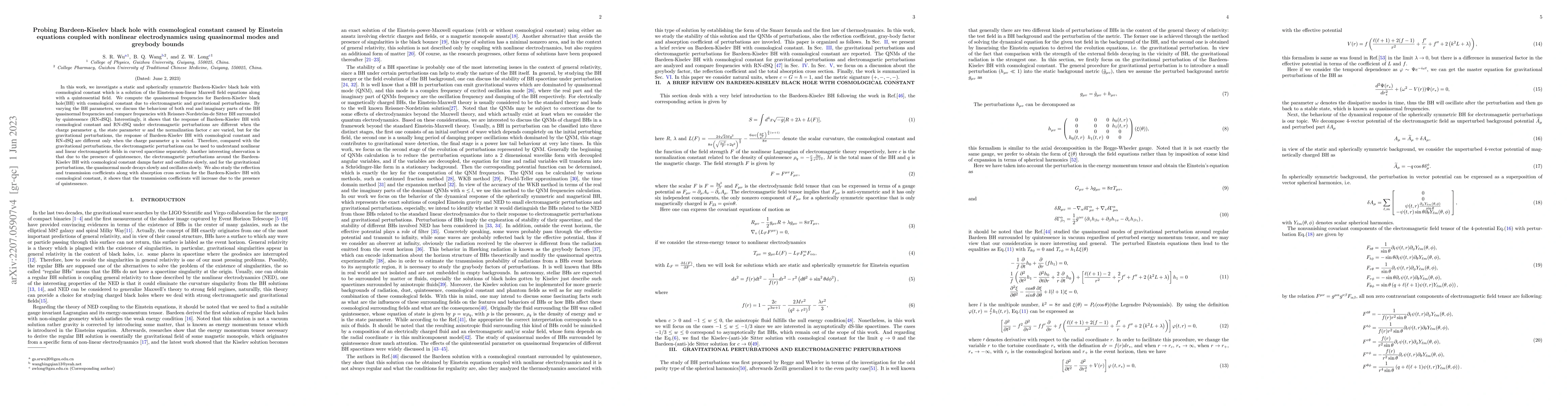 Thumbnail for Probing Bardeen-Kiselev black hole with cosmological constant caused by
  Einstein equations coupled with nonlinear electrodynamics using quasinormal
  modes and greybody bounds