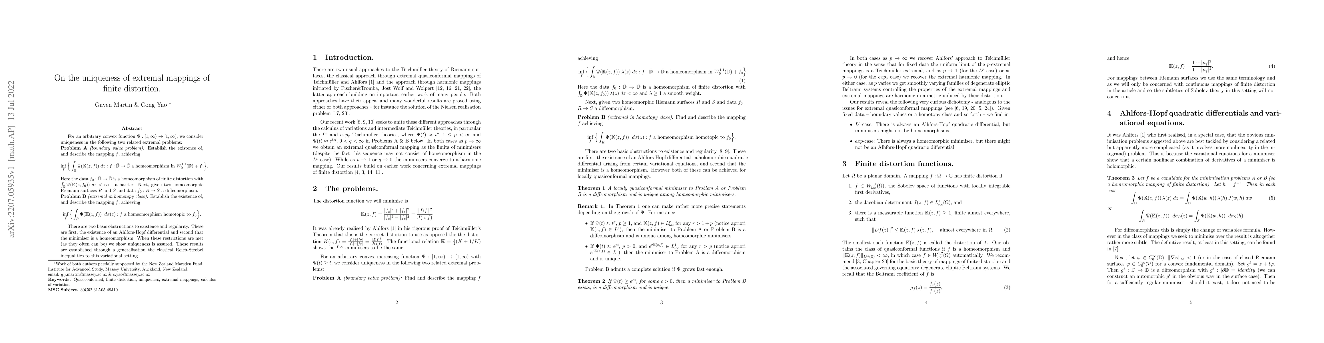 Thumbnail for On the uniqueness of extremal mappings of finite distortion
