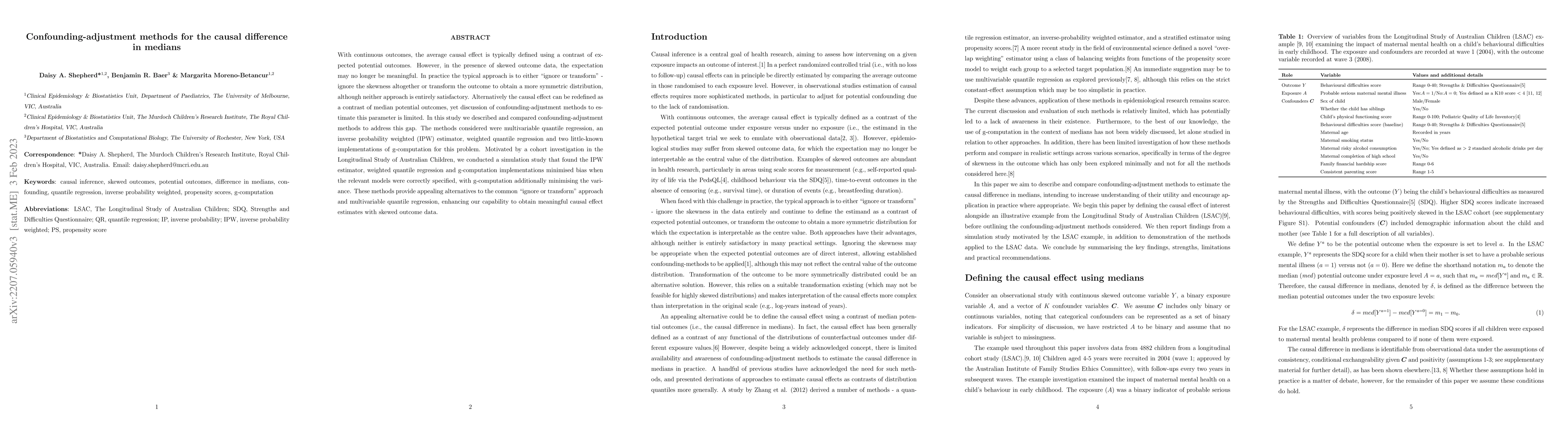 Thumbnail for Confounding-adjustment methods for the causal difference in medians