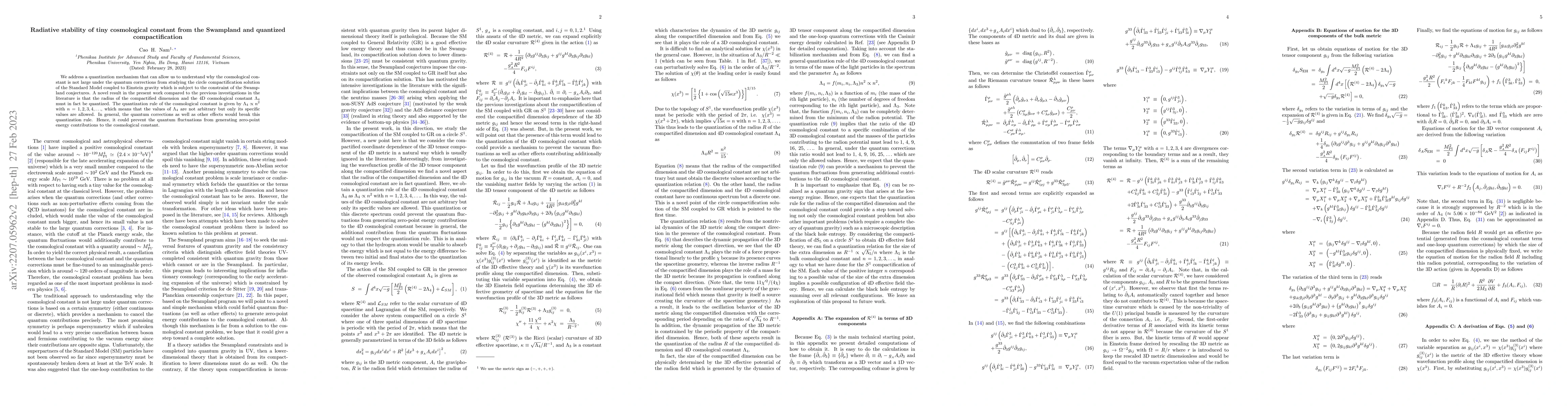 Thumbnail for Radiative stability of tiny cosmological constant from the Swampland and
  quantized compactification