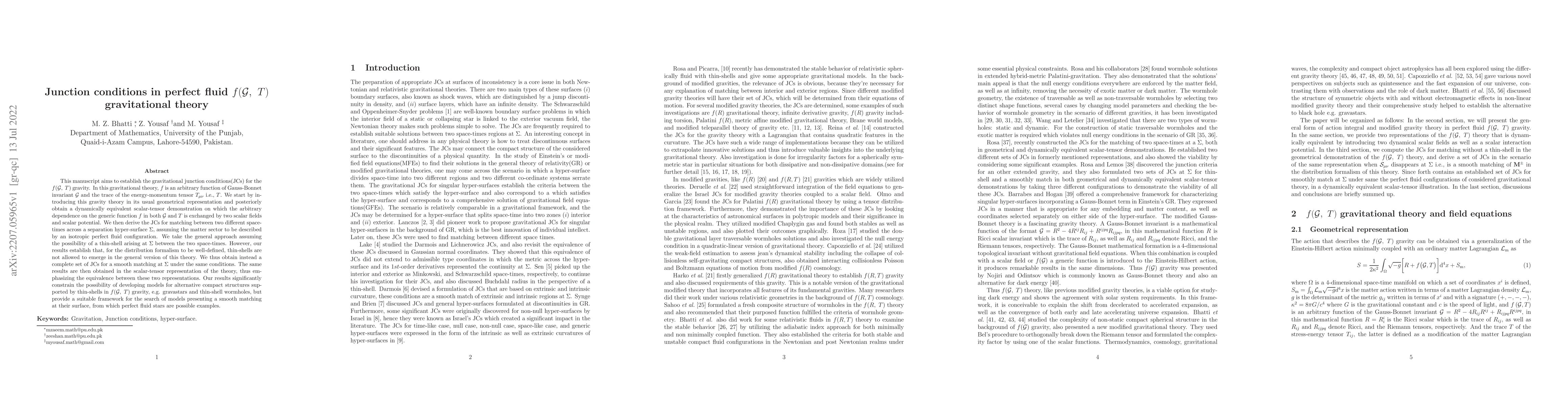 Thumbnail for Junction conditions in perfect fluid $f(\mathcal{G},~T)$ gravitational
  theory