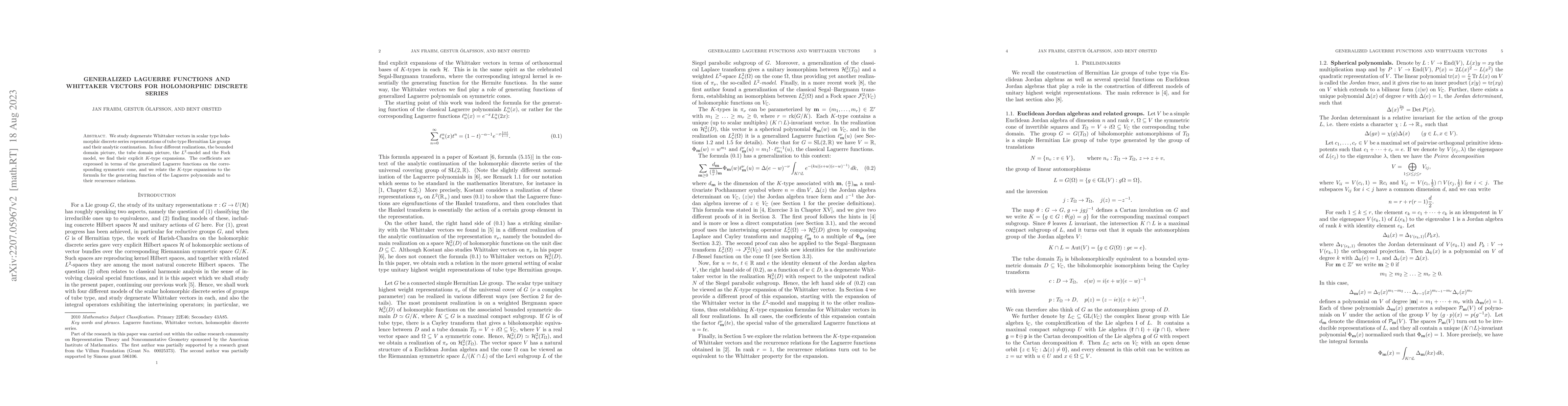 Thumbnail for Generalized Laguerre functions and Whittaker vectors for holomorphic
  discrete series