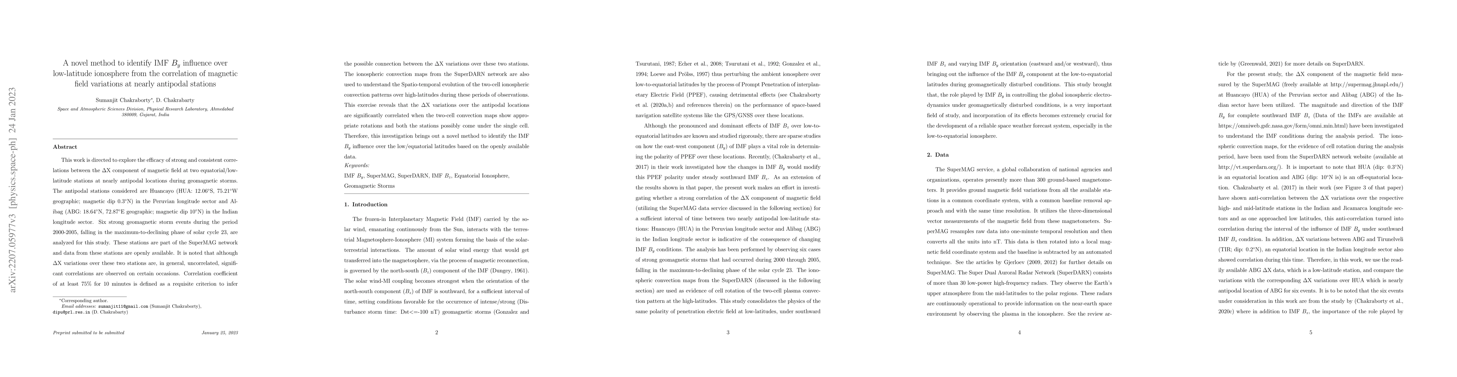 Thumbnail for A novel method to identify IMF $B_y$ influence over low-latitude
  ionosphere from the correlation of magnetic field variations at nearly
  antipodal stations