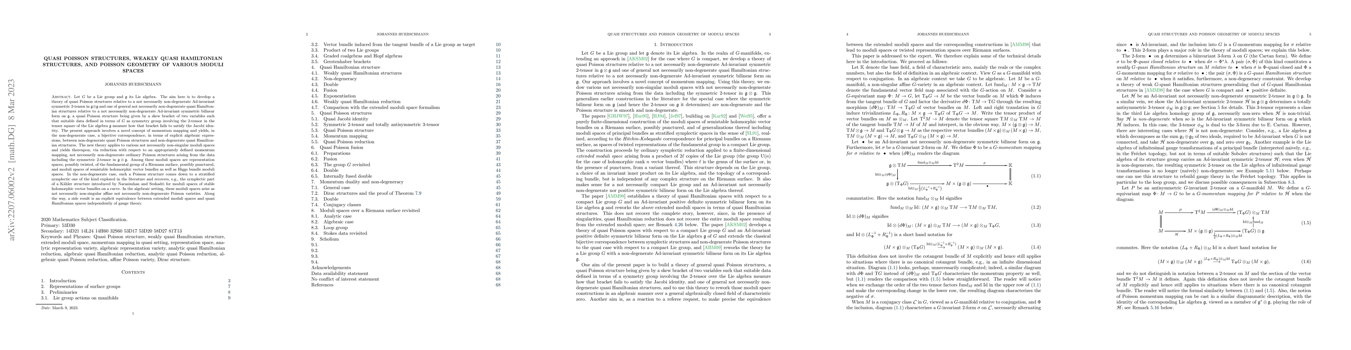 Thumbnail for Quasi Poisson structures, weakly quasi Hamiltonian structures, and
  Poisson geometry of various moduli spaces