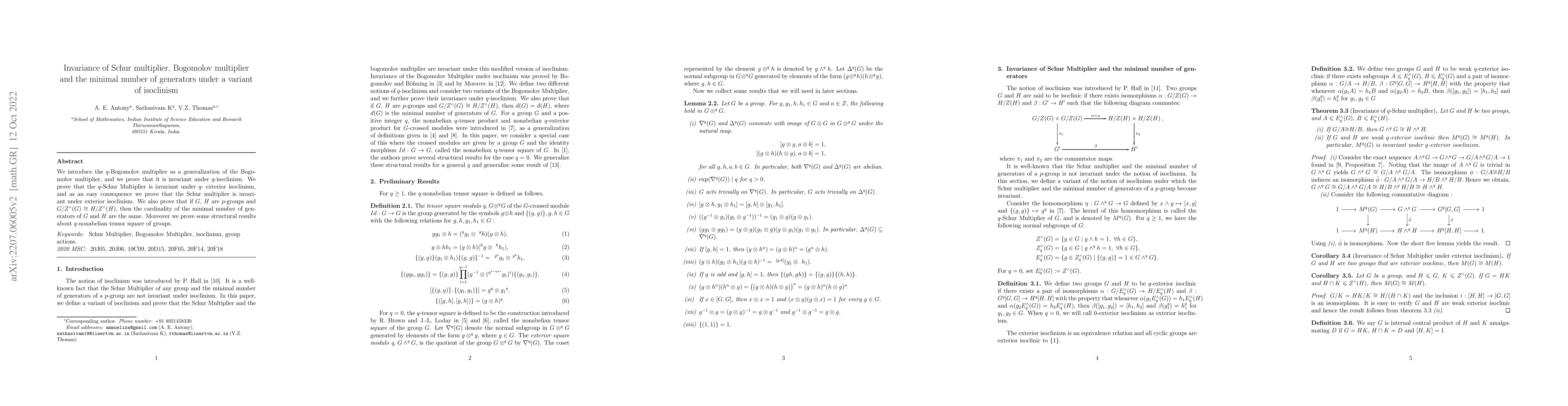 Thumbnail for Invariance of Schur multiplier, Bogomolov multiplier and the minimal
  number of generators under a variant of isoclinism