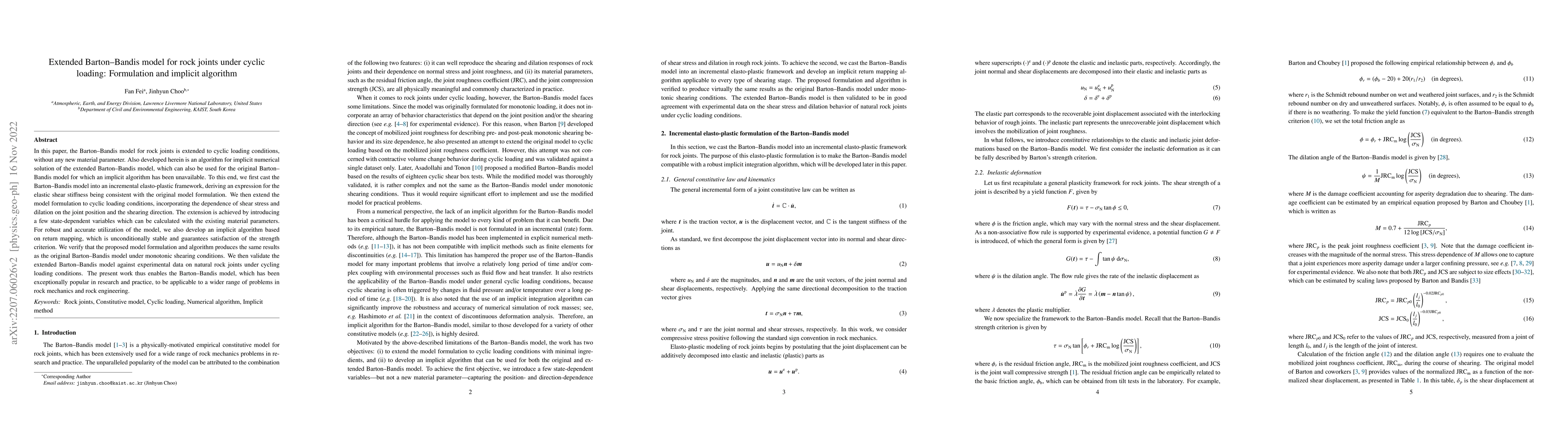 Thumbnail for Extended Barton-Bandis model for rock joints under cyclic loading:
  Formulation and implicit algorithm