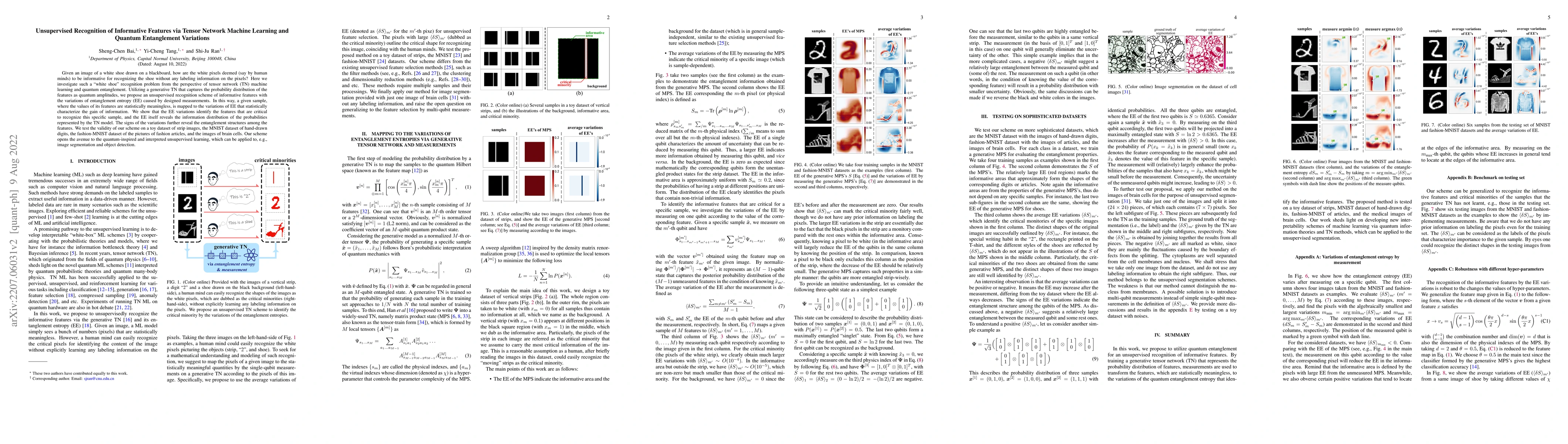 Thumbnail for Unsupervised Recognition of Informative Features via Tensor Network
  Machine Learning and Quantum Entanglement Variations