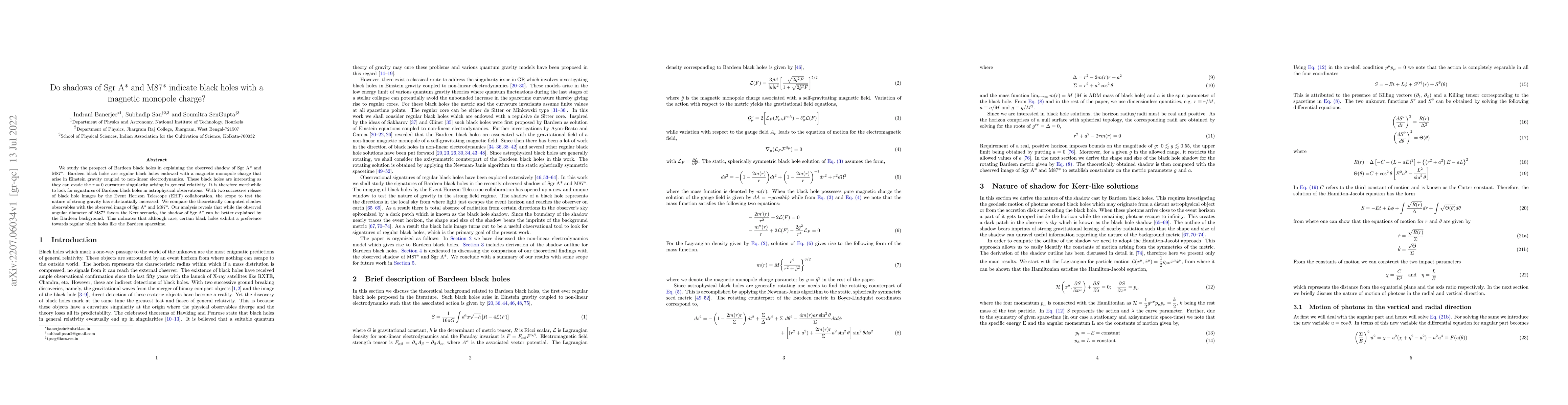 Thumbnail for Do shadows of Sgr A* and M87* indicate black holes with a magnetic
  monopole charge?