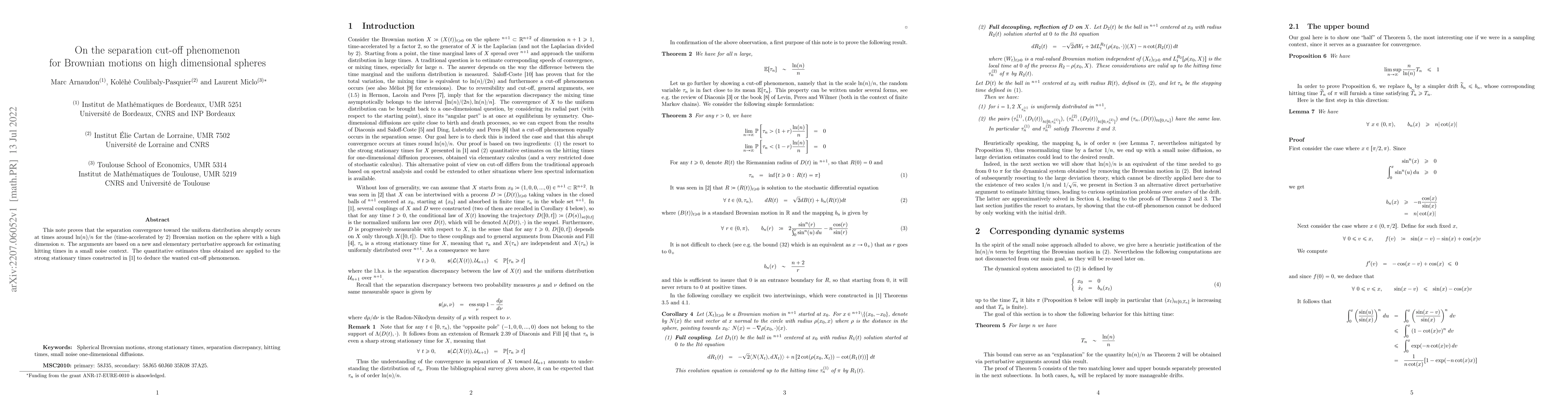Thumbnail for On the separation cut-off phenomenon for Brownian motions on high
  dimensional spheres