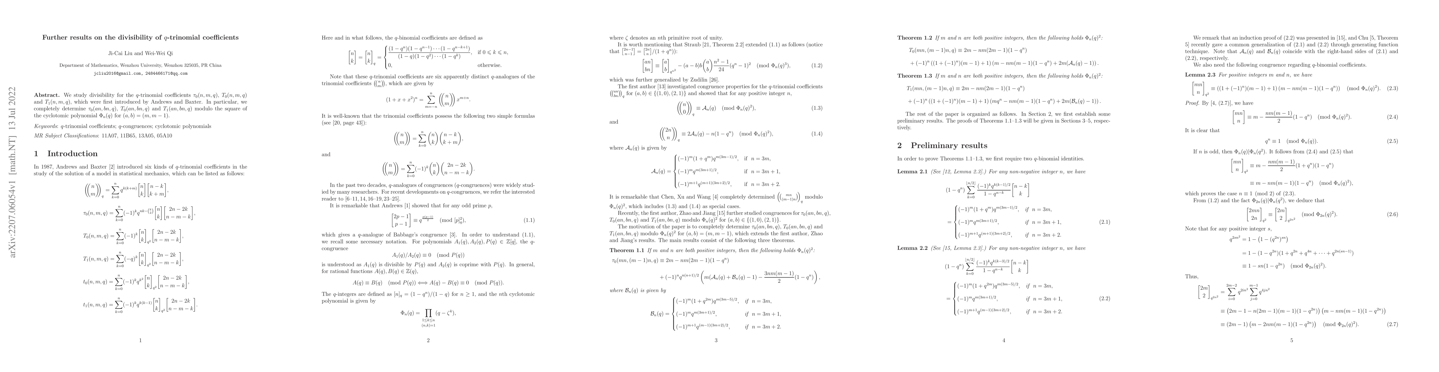Thumbnail for Further results on the divisibility of $q$-trinomial coefficients