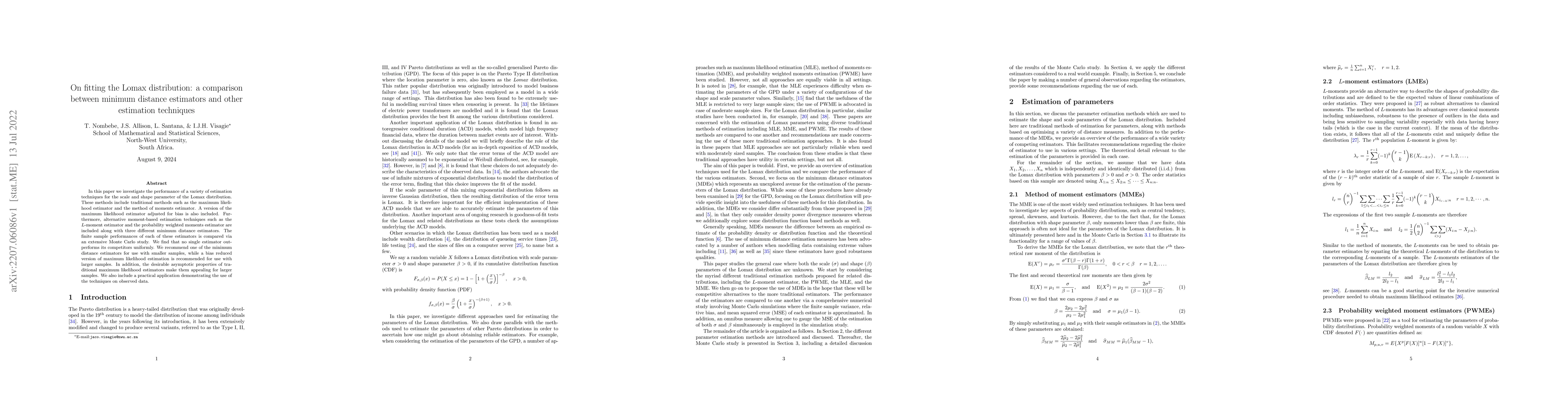 Thumbnail for On fitting the Lomax distribution: a comparison between minimum distance
  estimators and other estimation techniques