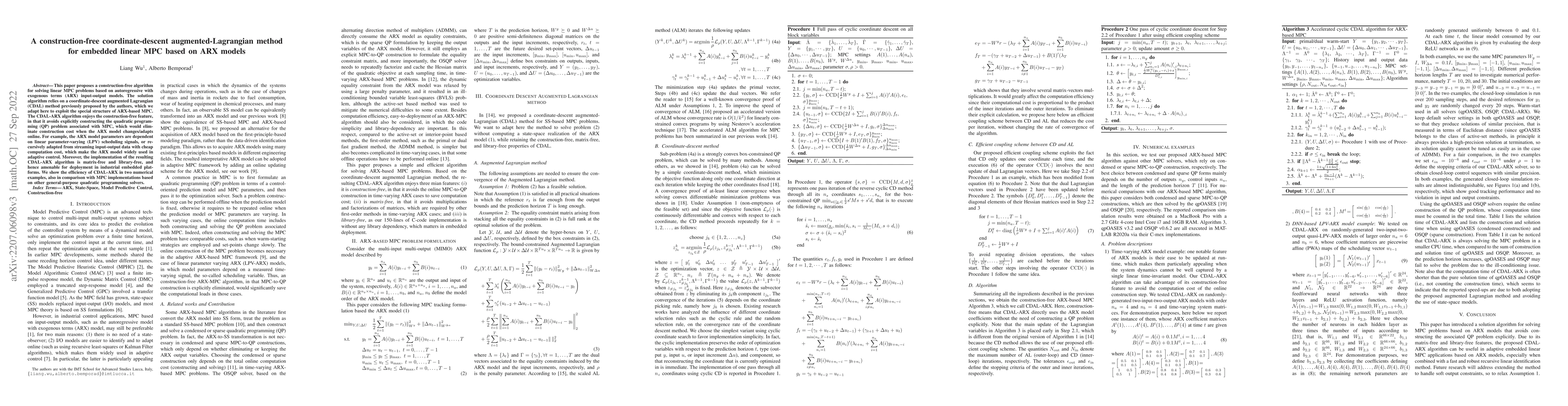 Thumbnail for A construction-free coordinate-descent augmented-Lagrangian method for
  embedded linear MPC based on ARX models