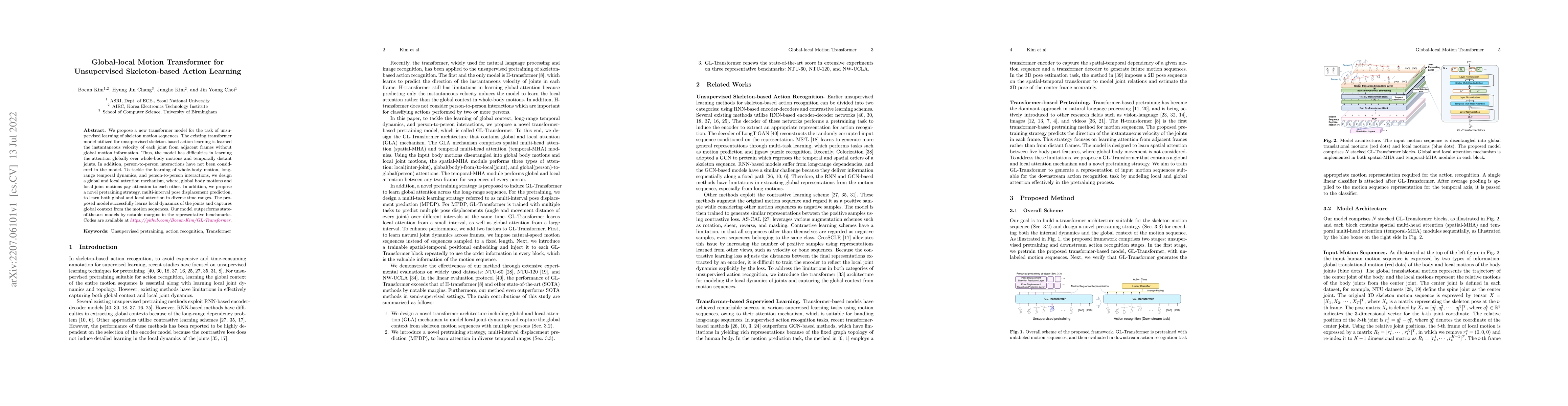 Thumbnail for Global-local Motion Transformer for Unsupervised Skeleton-based Action
  Learning