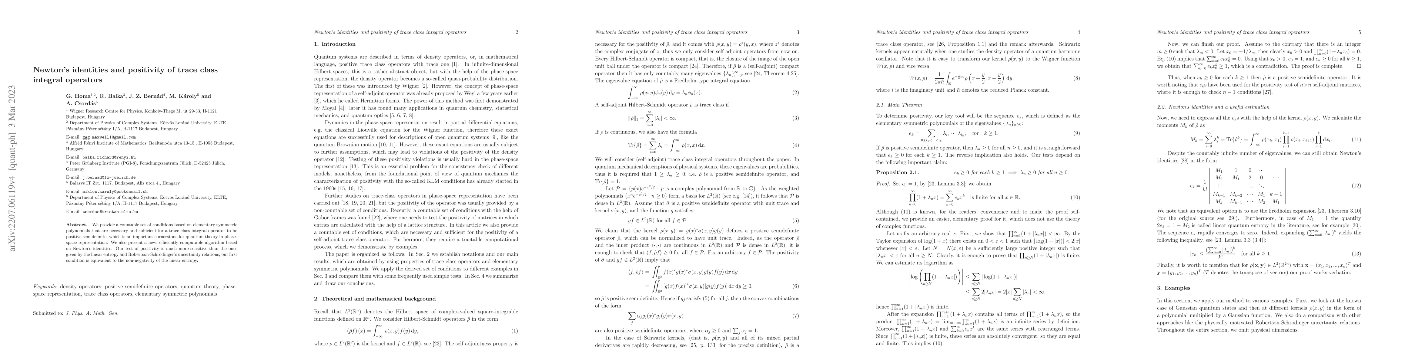Thumbnail for Newton's identities and positivity of trace class integral operators