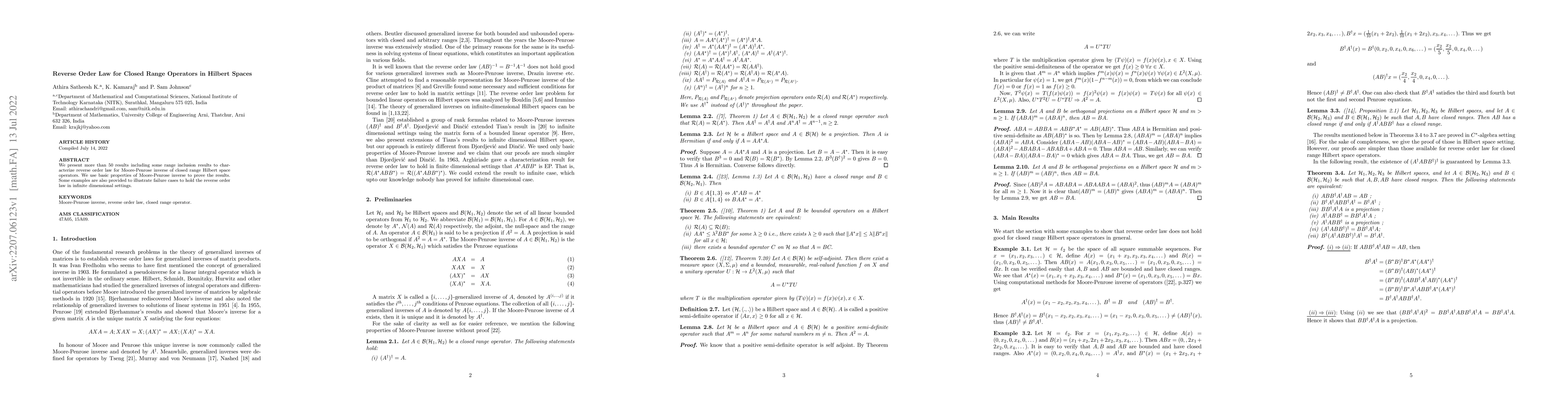 Thumbnail for Reverse Order Law for Closed Range Operators in Hilbert Spaces