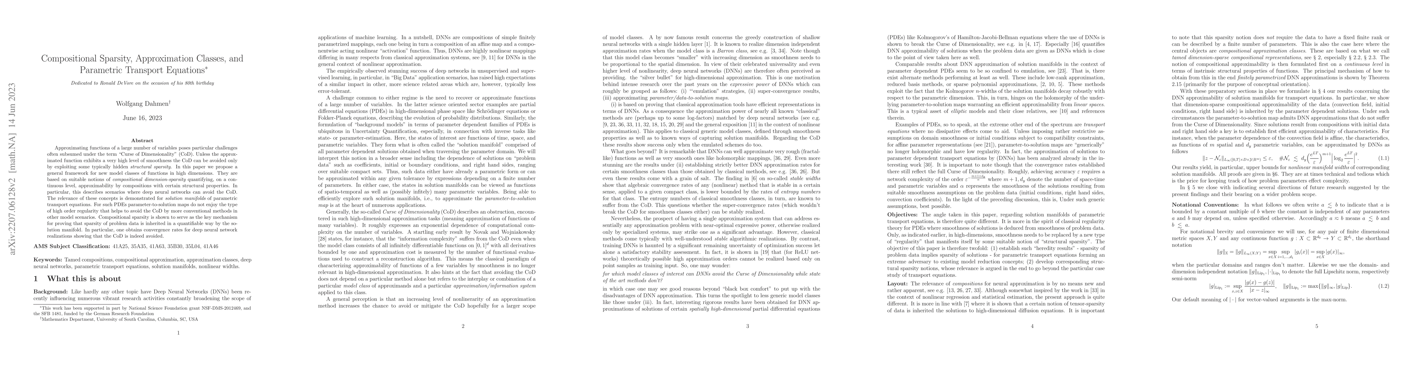 Thumbnail for Compositional Sparsity, Approximation Classes, and Parametric Transport
  Equations