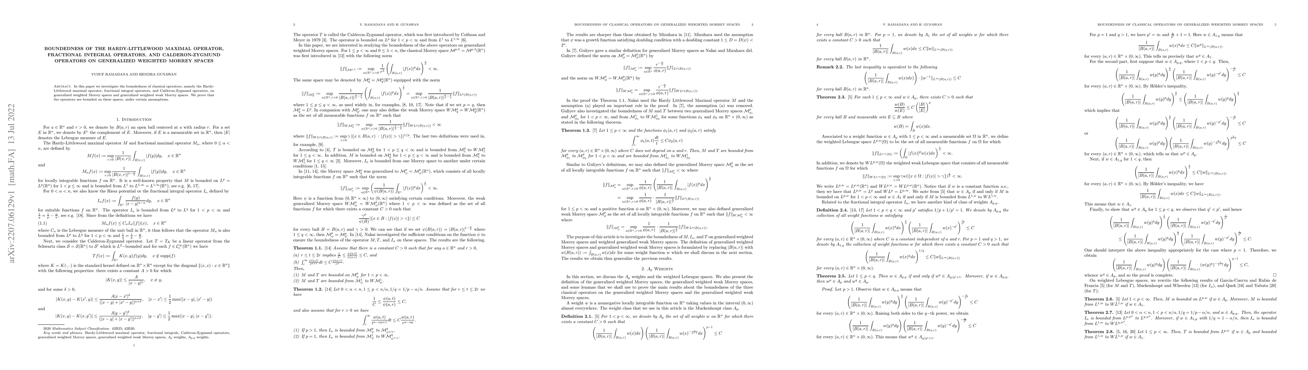 Thumbnail for Boundedness of the Hardy-Littlewood Maximal Operator, Fractional
  Integral Operators, and Calderon-Zygmund Operators on Generalized Weighted
  Morrey Spaces