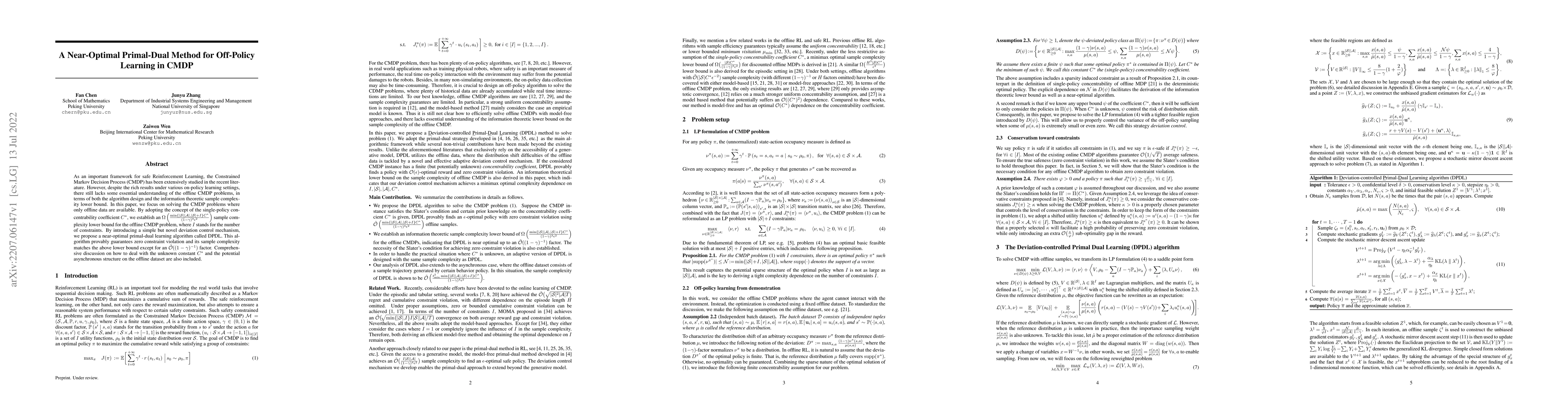 Thumbnail for A Near-Optimal Primal-Dual Method for Off-Policy Learning in CMDP