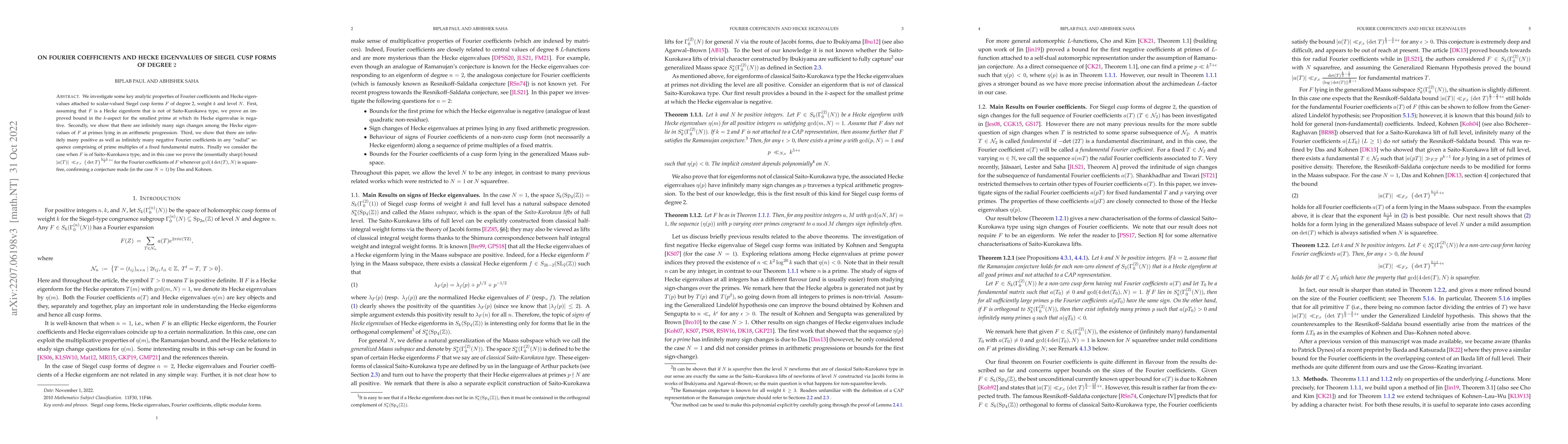 Thumbnail for On Fourier coefficients and Hecke eigenvalues of Siegel cusp forms of
  degree 2