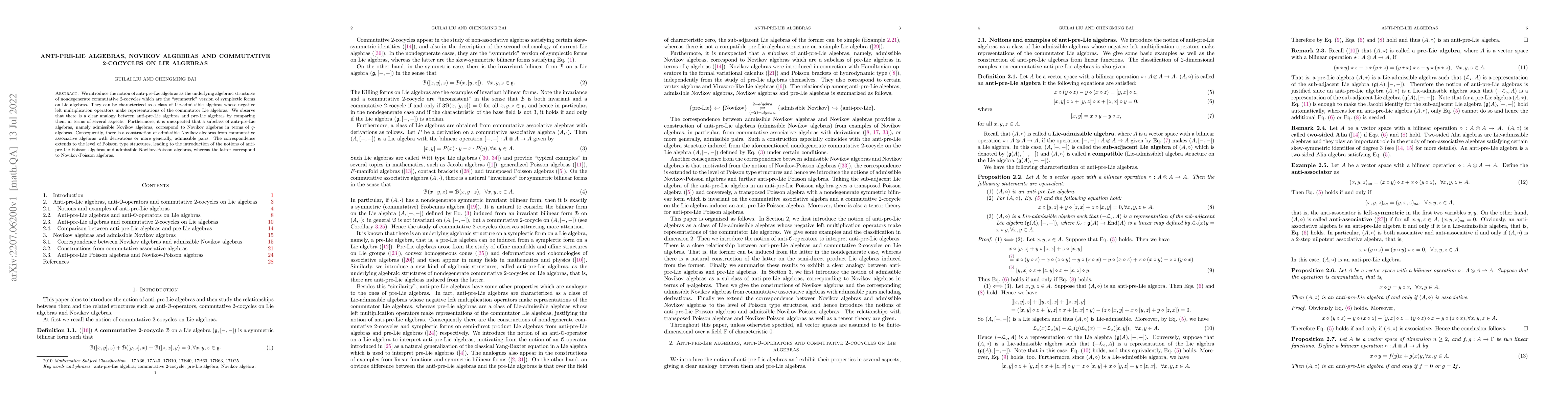 Thumbnail for Anti-pre-Lie algebras, Novikov algebras and commutative 2-cocycles on
  Lie algebras