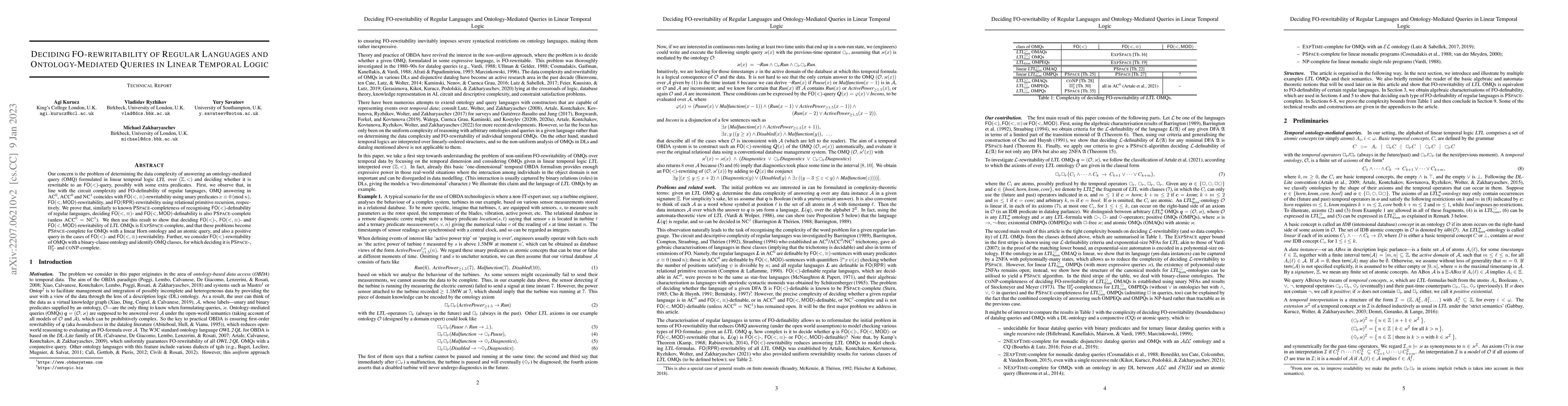 Thumbnail for Deciding FO-rewritability of regular languages and ontology-mediated
  queries in Linear Temporal Logic