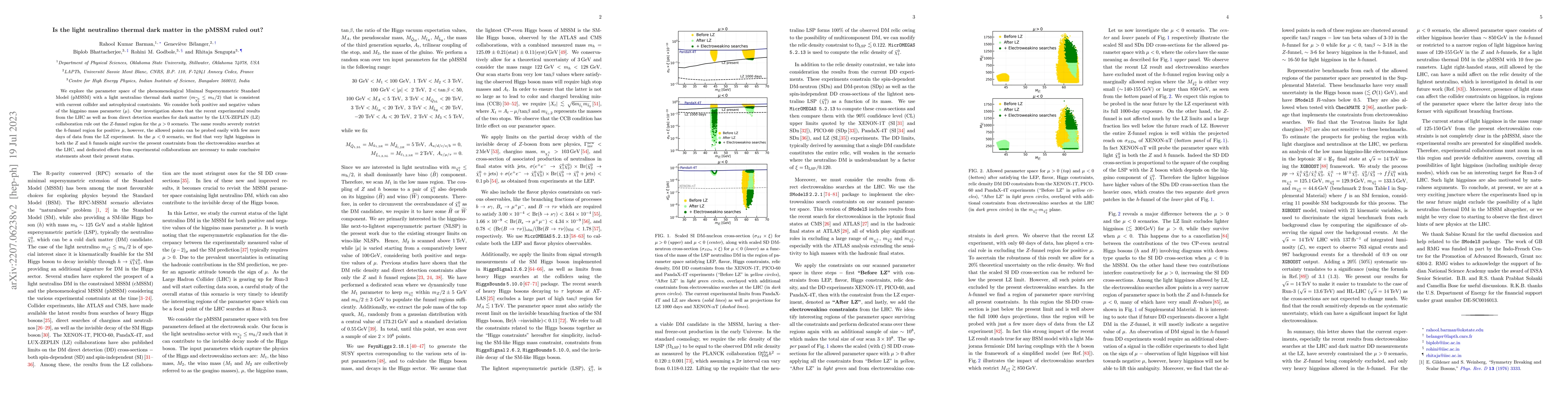 Thumbnail for Is the light neutralino thermal dark matter in the pMSSM ruled out?