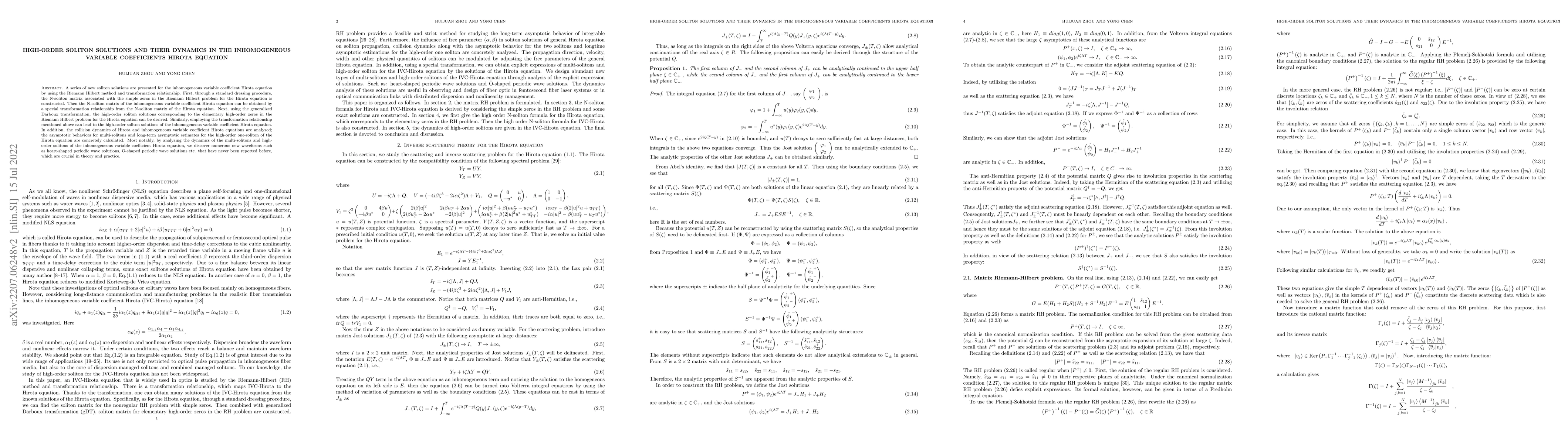 Thumbnail for High-order soliton solutions and their dynamics in the inhomogeneous
  variable coefficients Hirota equation