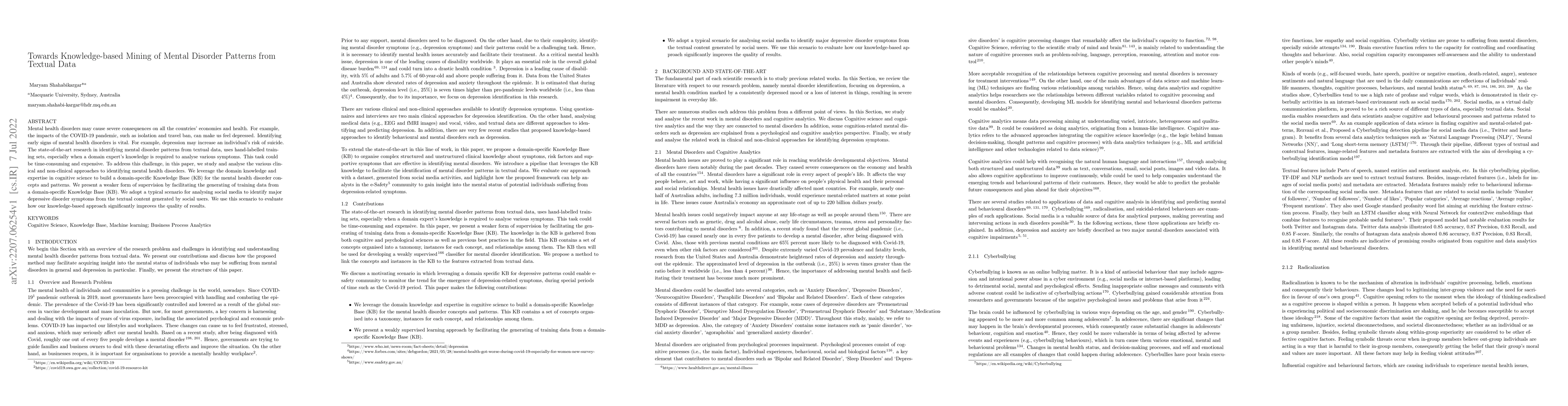 Thumbnail for Towards Knowledge-based Mining of Mental Disorder Patterns from Textual
  Data