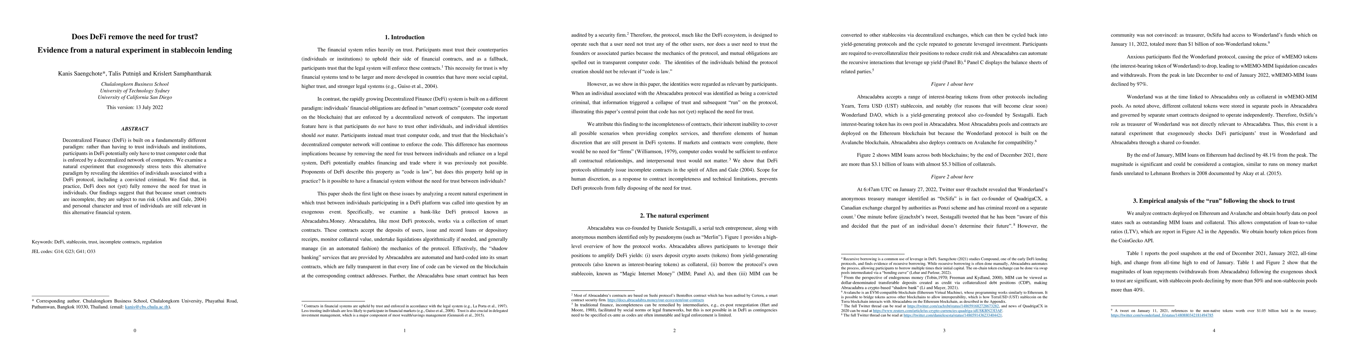 Thumbnail for Does DeFi remove the need for trust? Evidence from a natural experiment
  in stablecoin lending