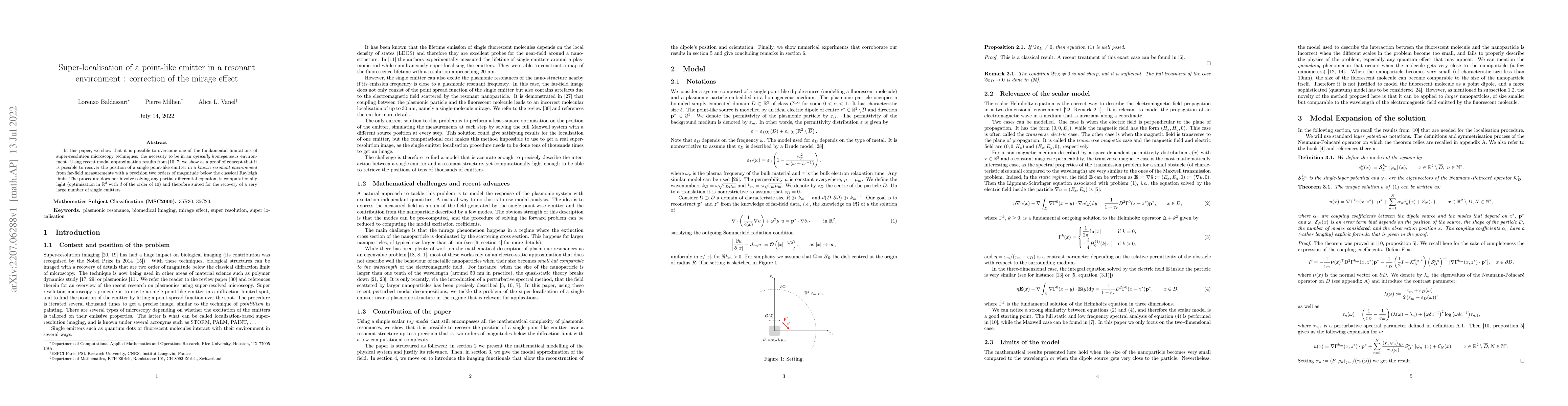 Thumbnail for Super-localisation of a point-like emitter in a resonant environment :
  correction of the mirage effect