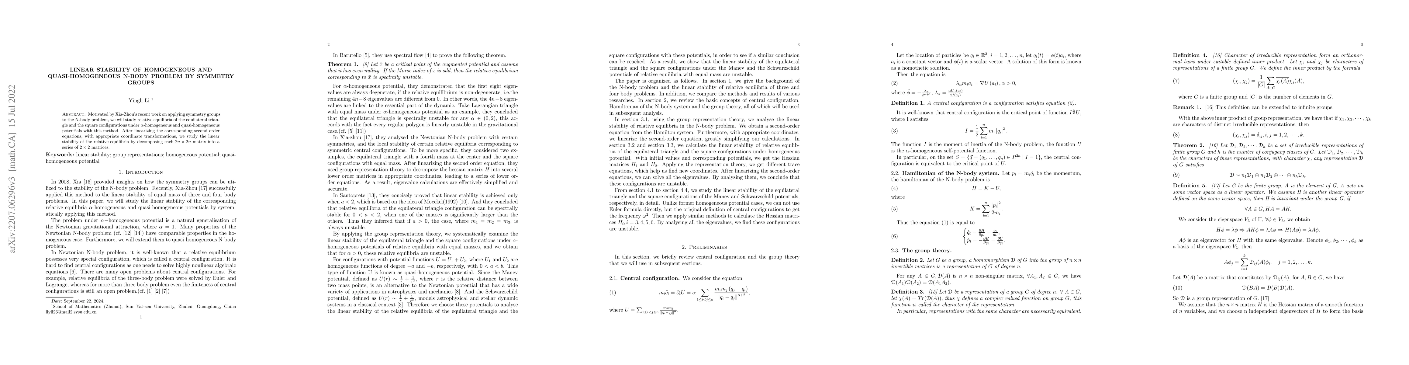 Thumbnail for Linear stability of homogeneous and quasi-homogeneous N-body problem by
  symmetry groups