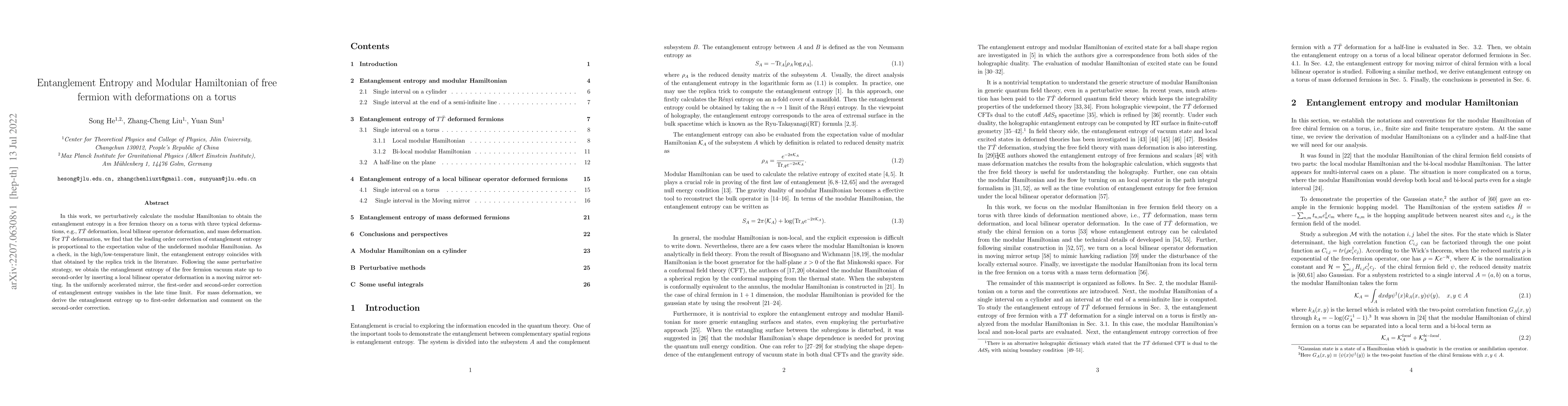 Thumbnail for Entanglement Entropy and Modular Hamiltonian of free fermion with
  deformations on a torus